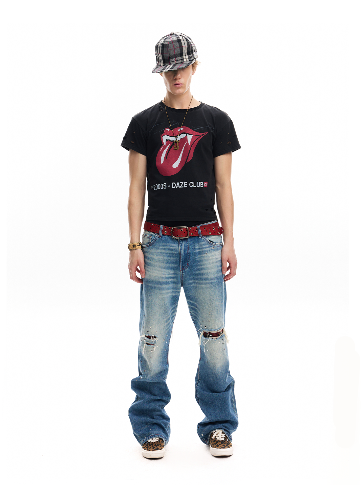 Studded Plaid‑Patch Light Wash Street Jeans