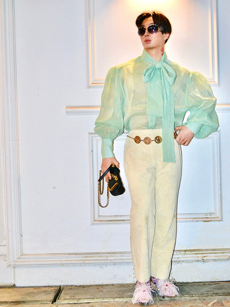 Powder Blue Sheer Bow Blouse