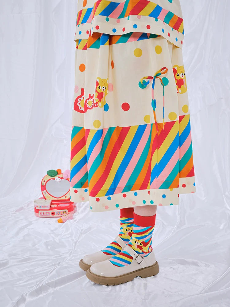 Rainbow Stripe Bear Print A-line Skirt