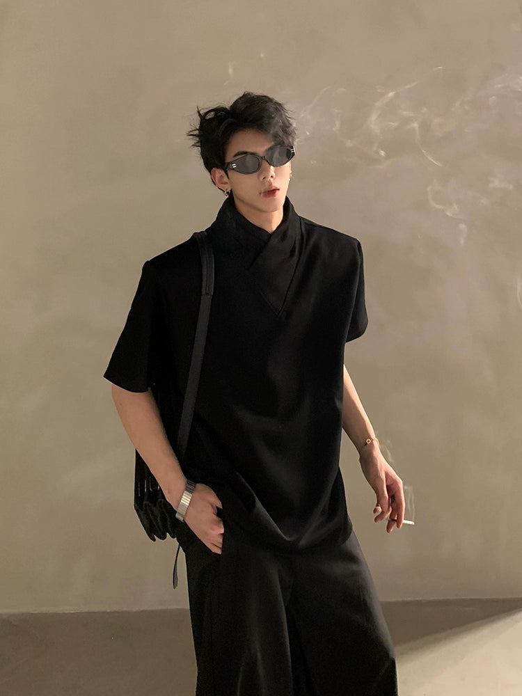 Minimalist Short Sleeve Shirt with Overlapping High Collar