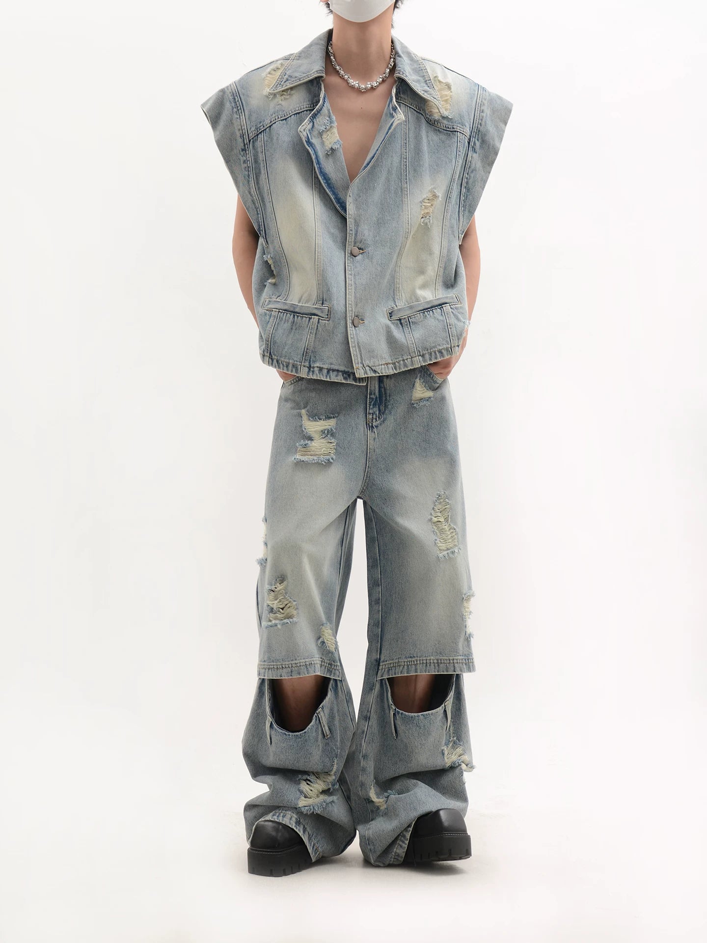 Distressed Oversized Shoulder Denim Vest