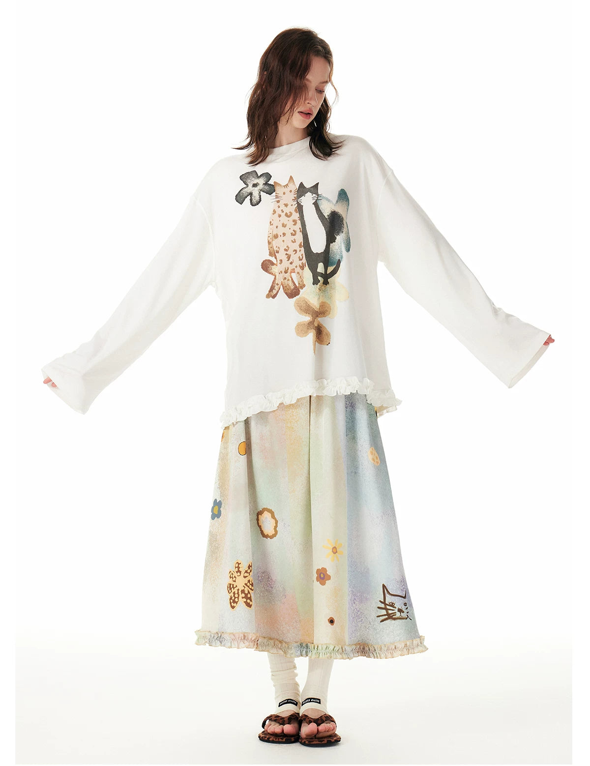 Pastel Meadow Kitty Garden Maxi Skirt