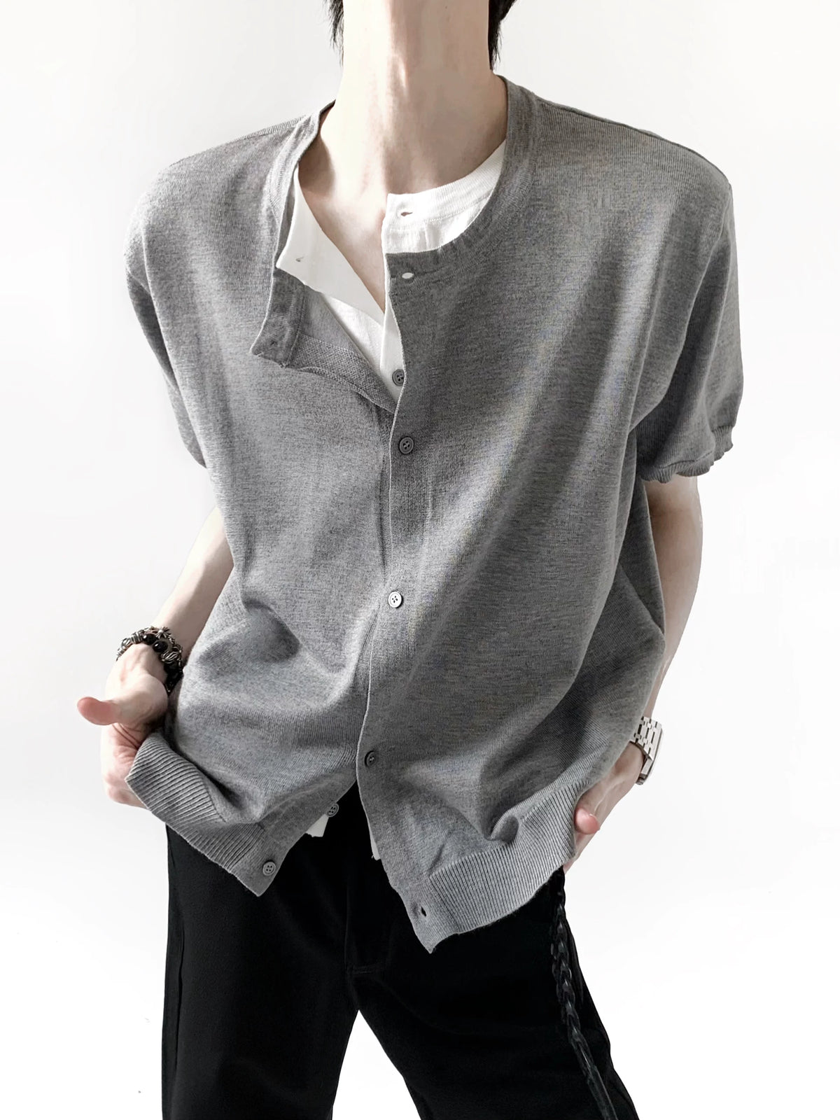 Layered Knit Button Cardigan Tee