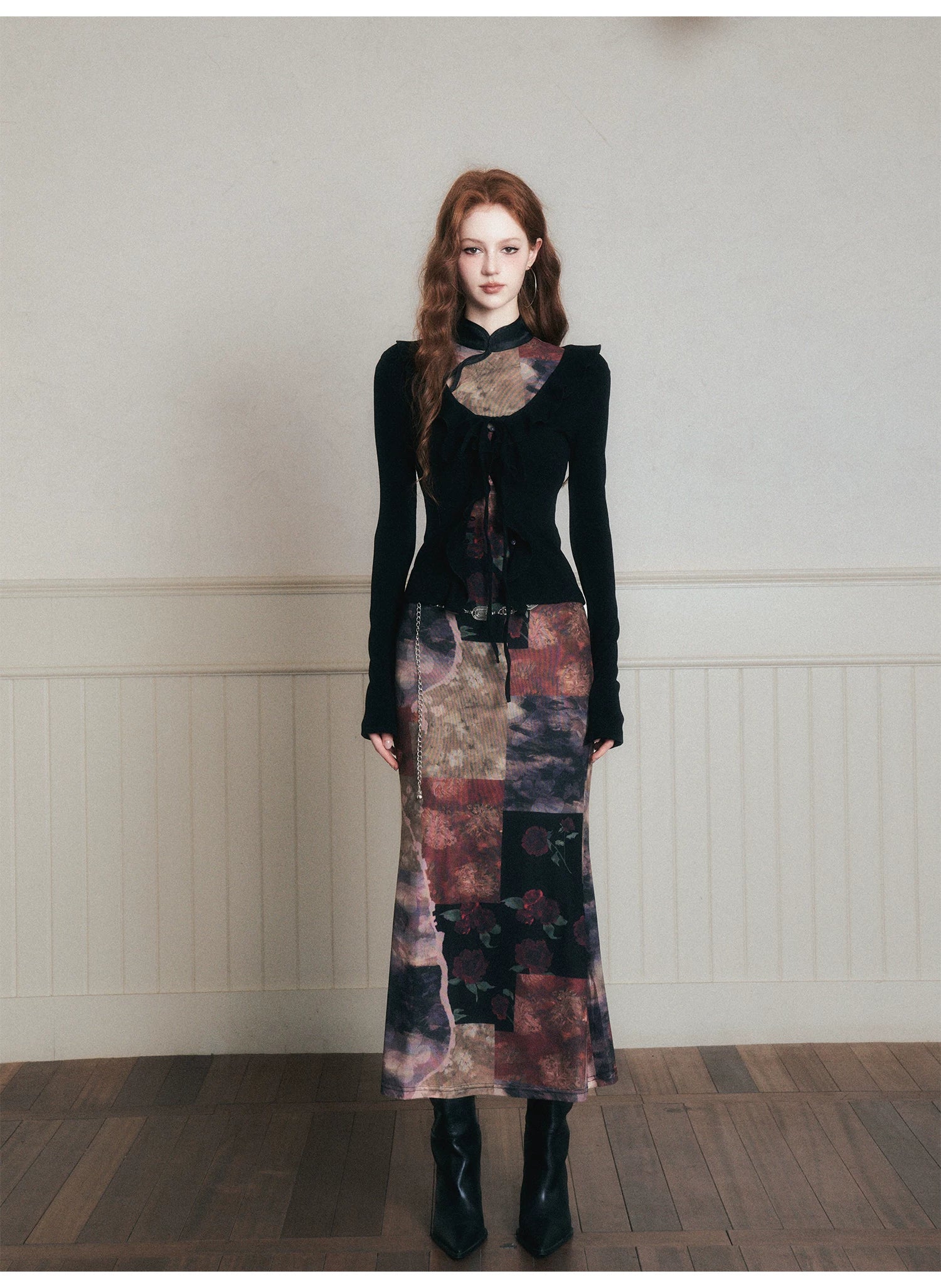 Vintage Noir Patchwork Cheongsam Maxi Dress