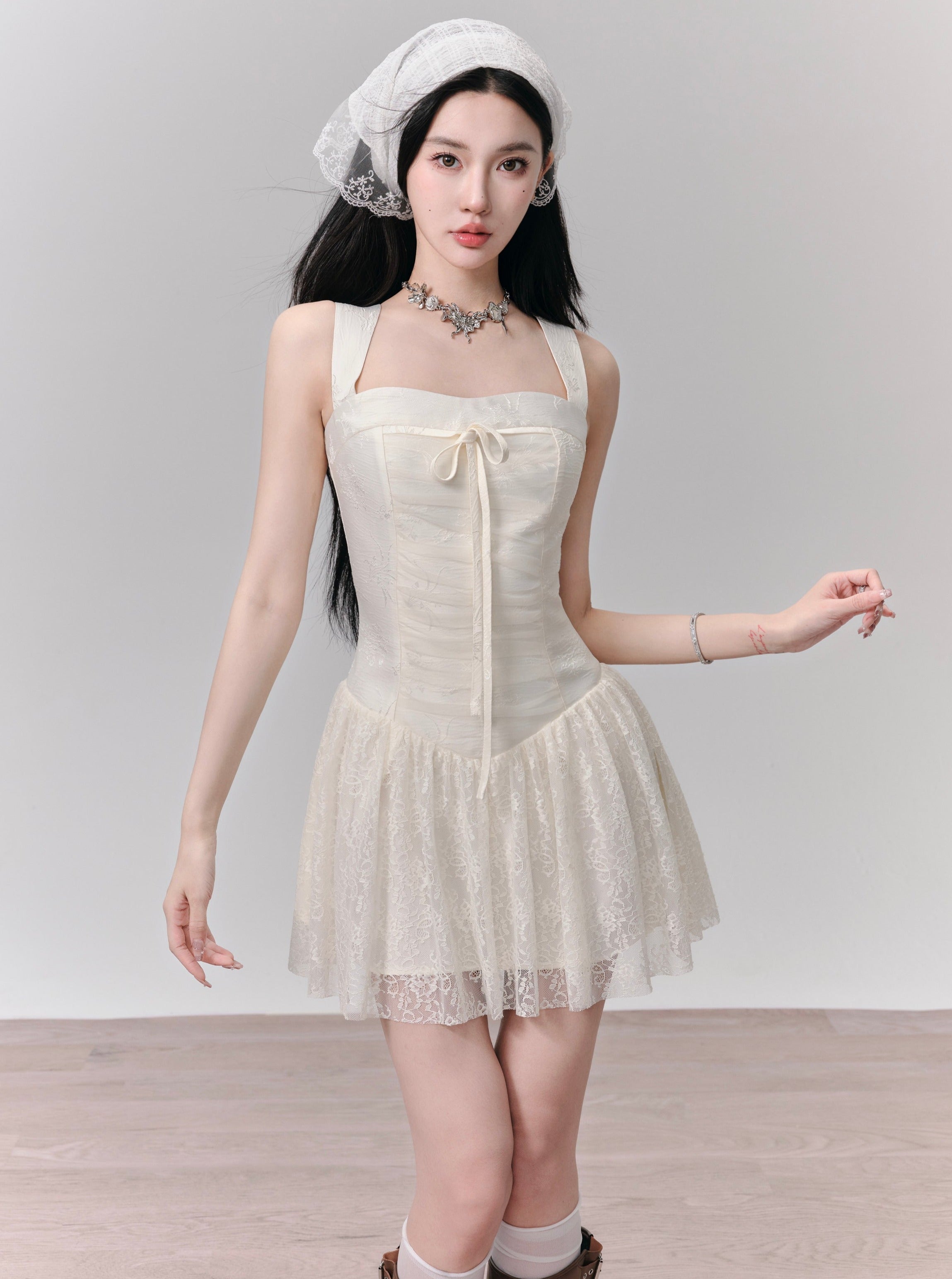 Romantic White Lace Halter Mini Dress with Front Tie