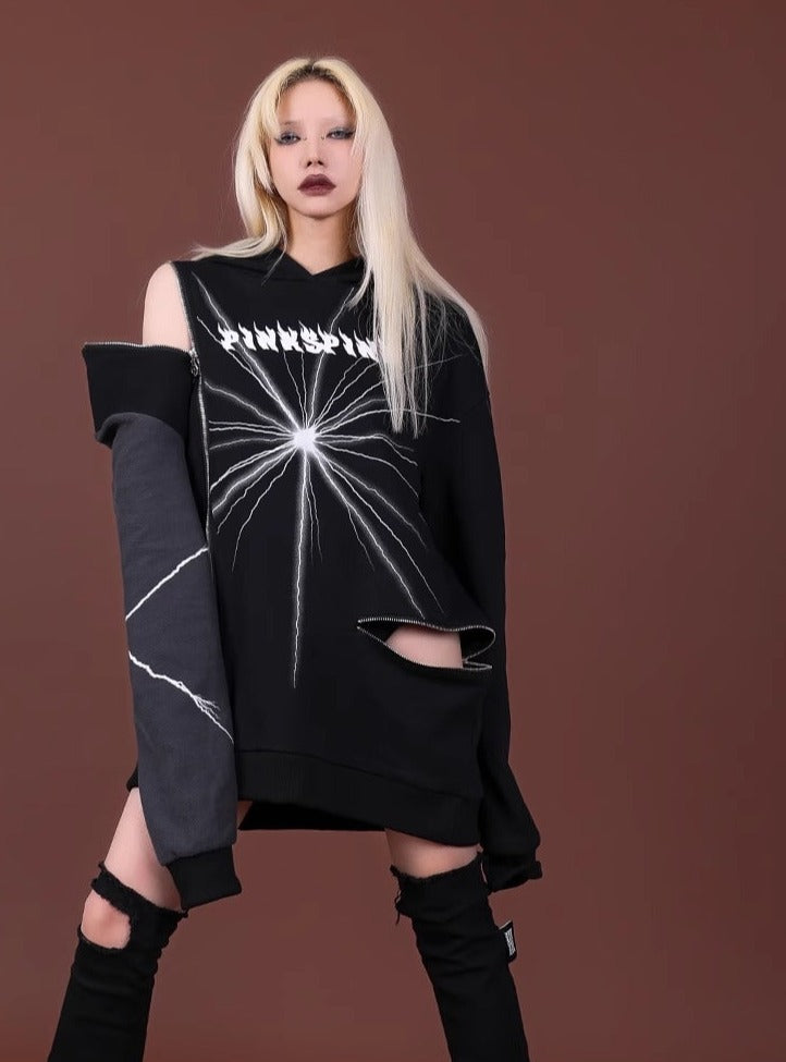 PINKSPINK Lightning Strike Asymmetric Hoodie - Black and Grey