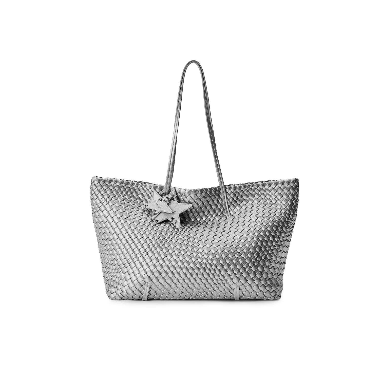 Metallic Woven Wide Commuter Tote - Silver