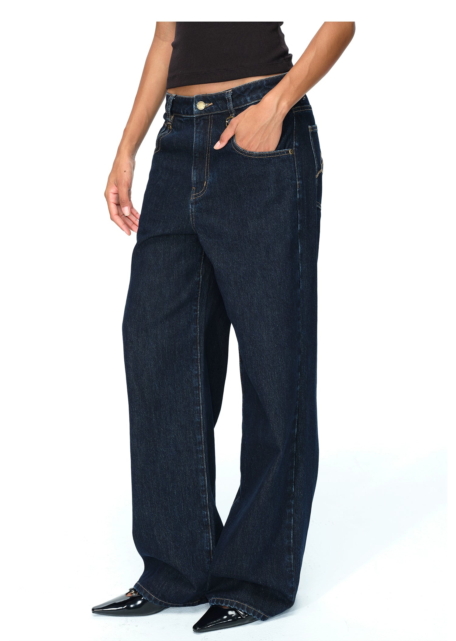 Dark Blue Raw Denim Wide-Leg Jeans