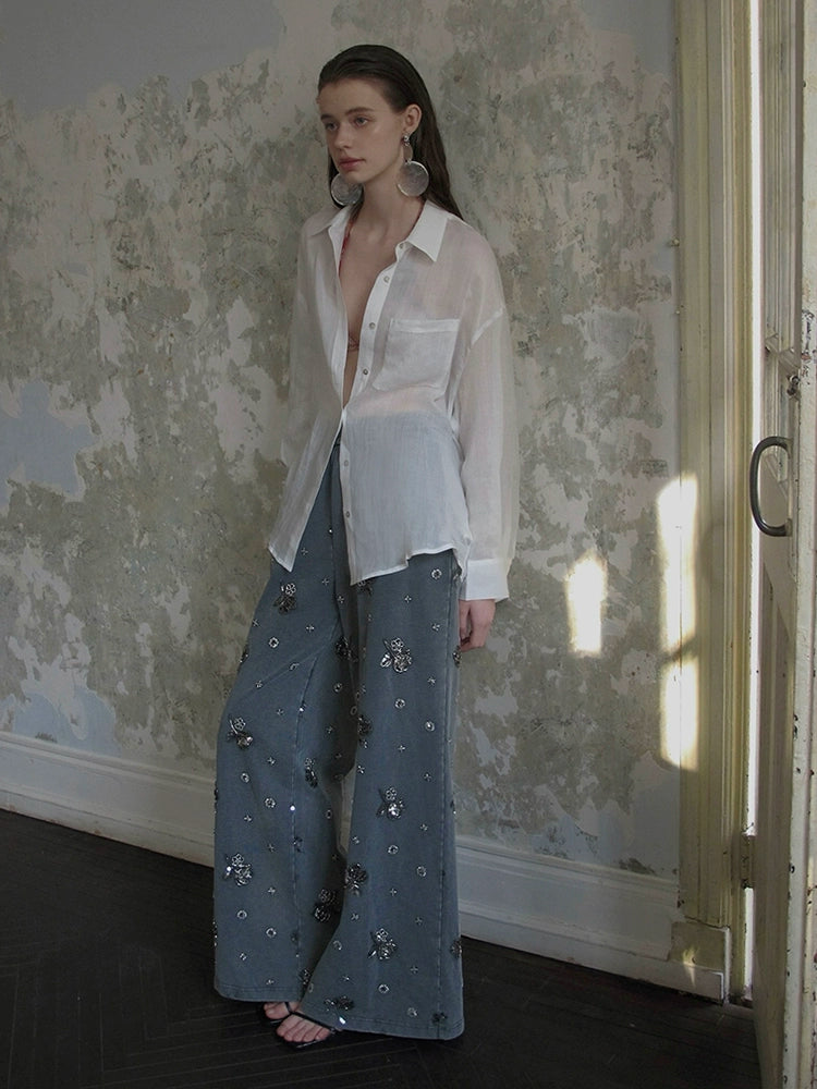 Knit Wide Leg Denim Jeans