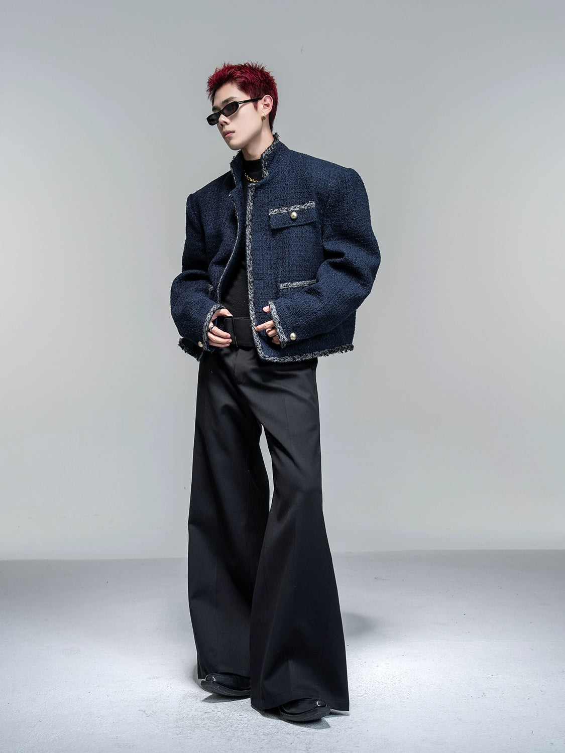 Navy Blue Tweed Cropped Jacket with Frayed Trim