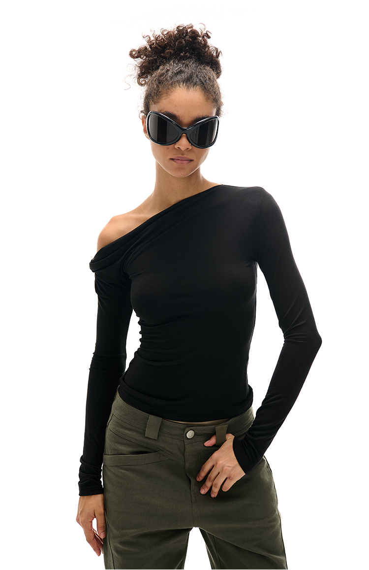 Asymmetrical Neckline Ruched Long Sleeve