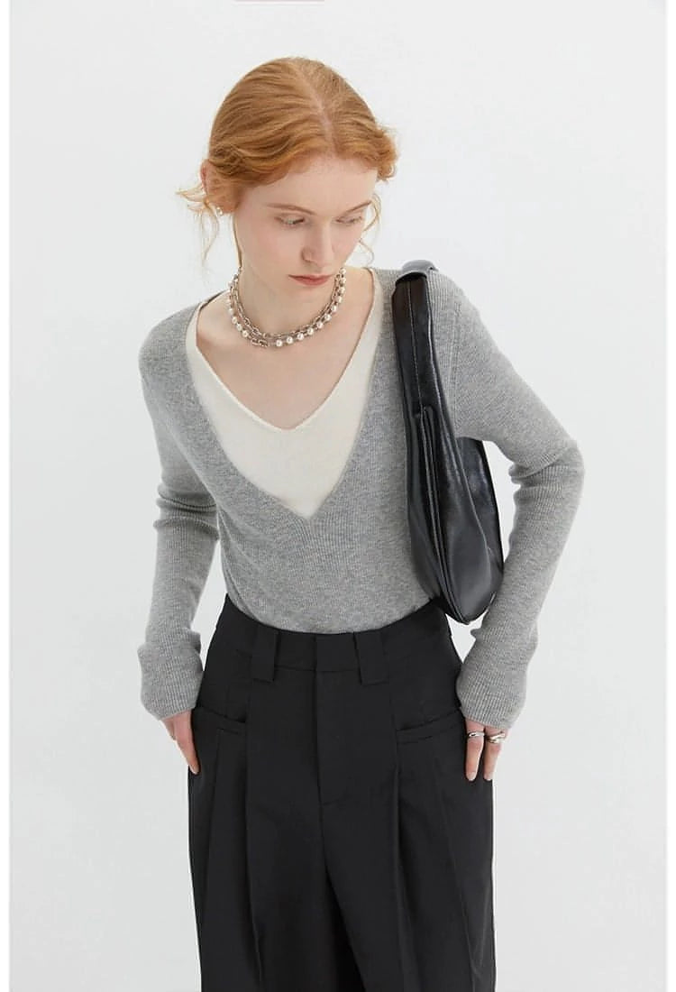 V-Neck Wool Knitwear, Color-Block Faux Layered Top - chiclara