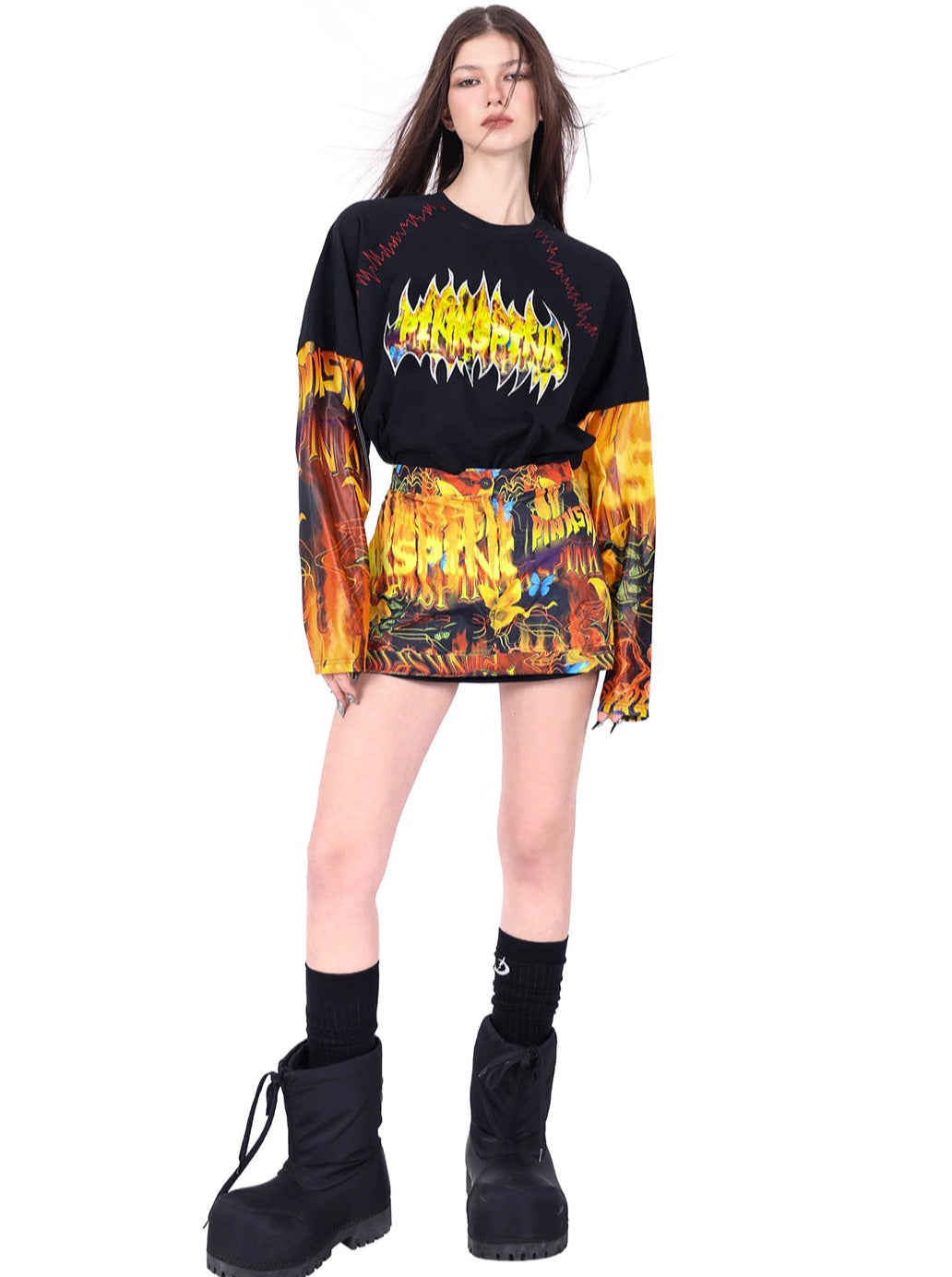 PINKSPINK Flames Metal Logo Long Sleeve Tee - Black and Flame Print