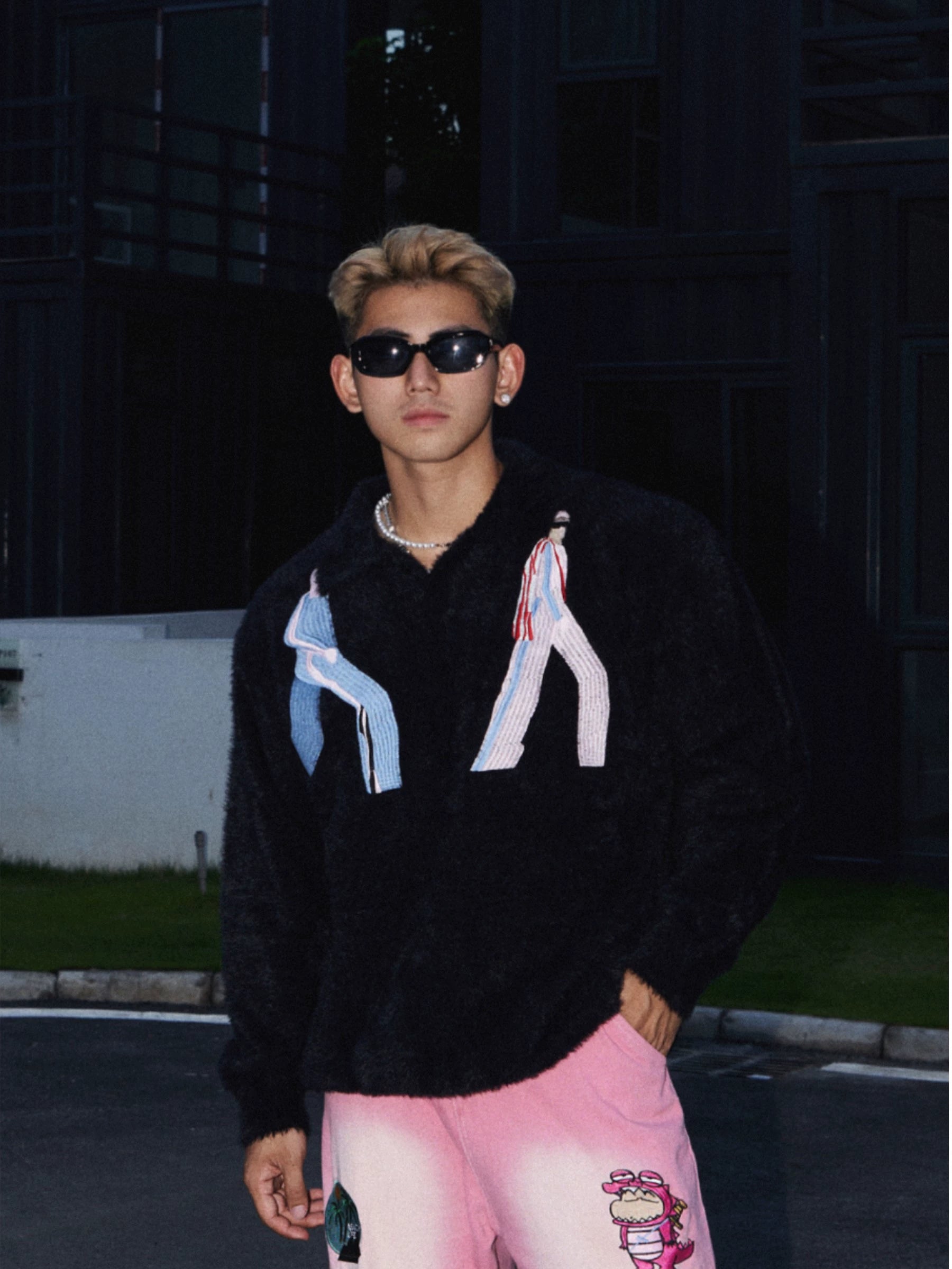 Fuzzy Embroidered Polo Sweater