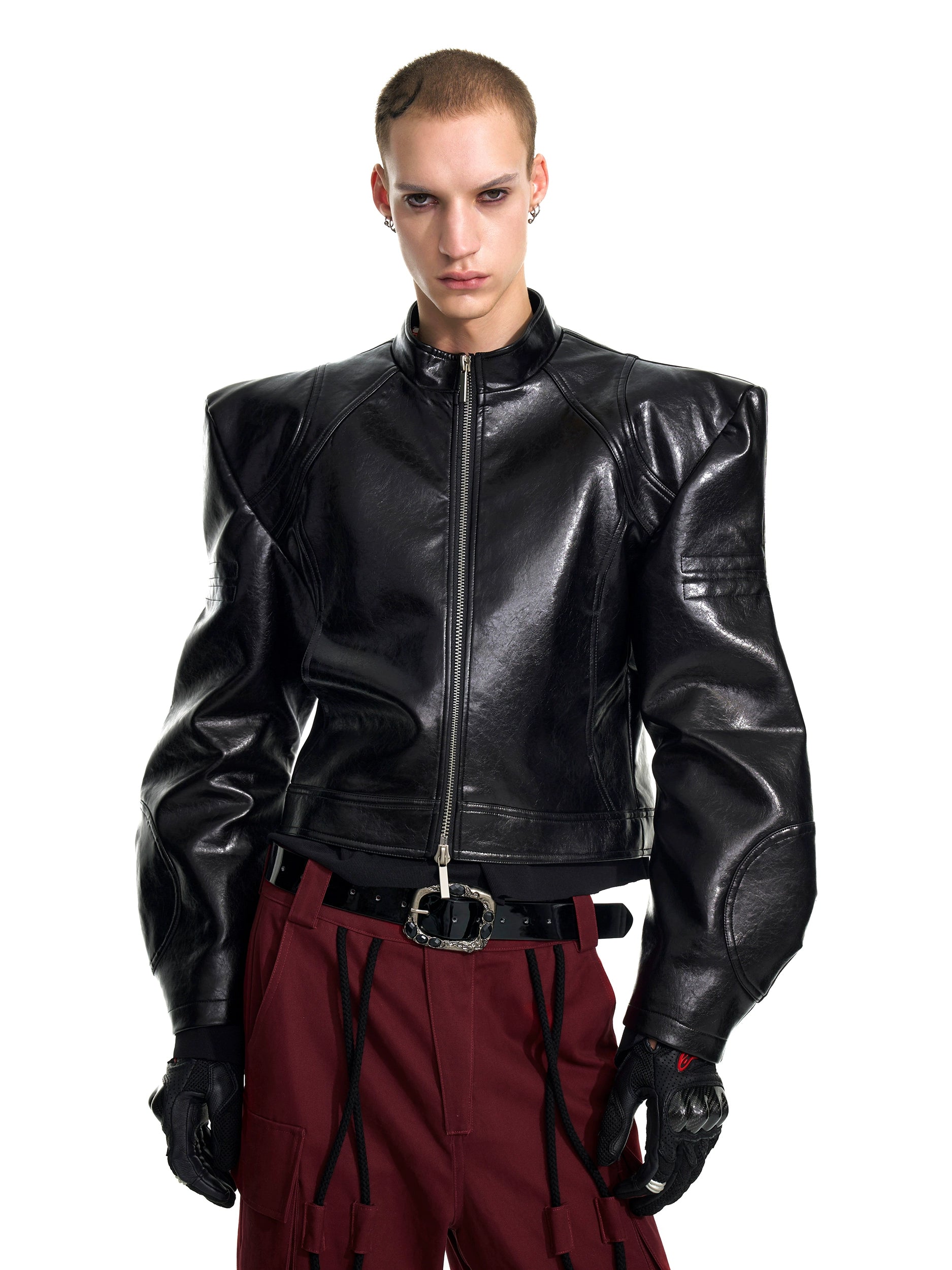 Cropped Black Leather Jacket with Abstract Graphic Print