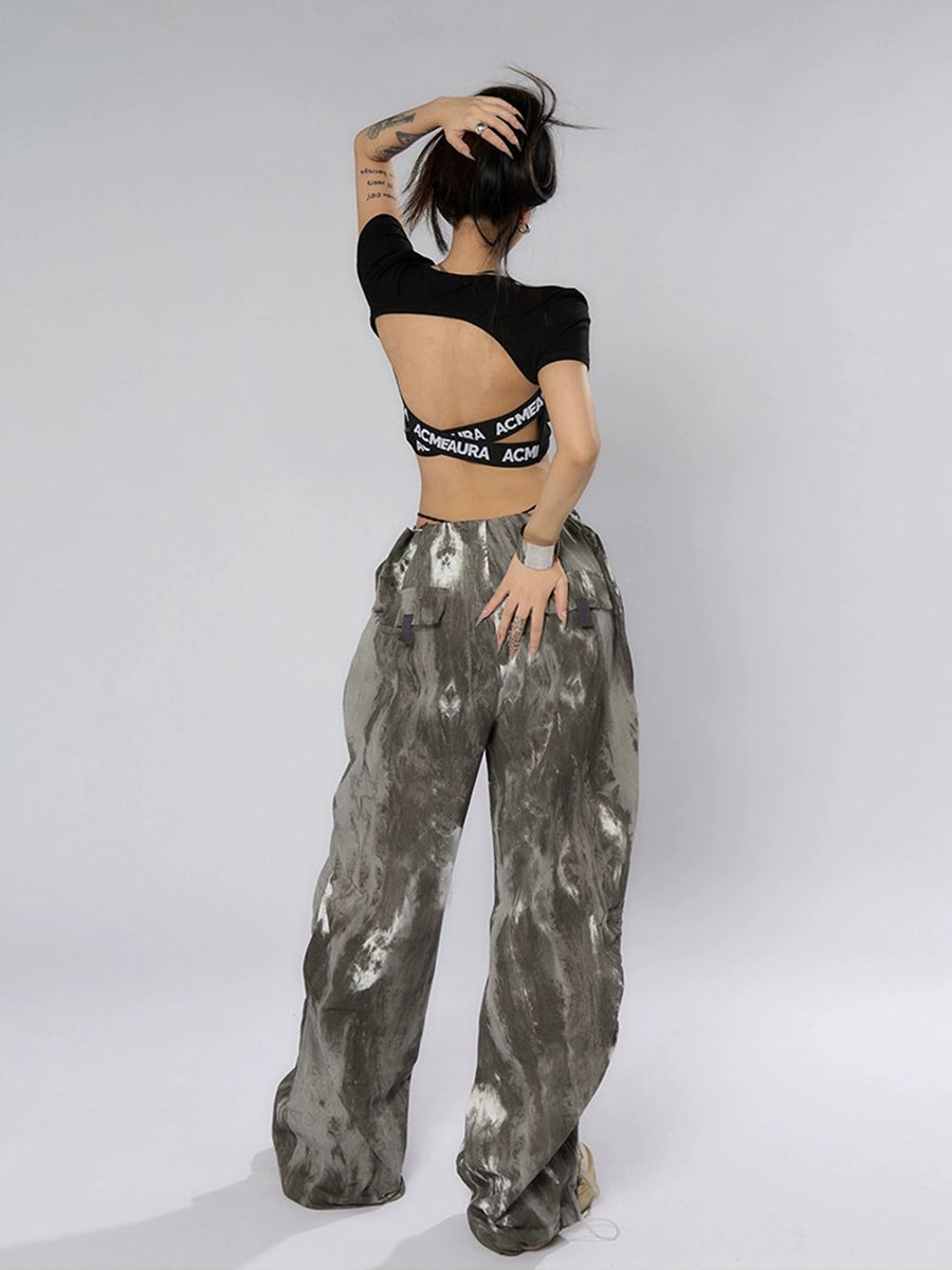 Ink-Dyed Traditional Wide-Leg Cargo Pants - chiclara