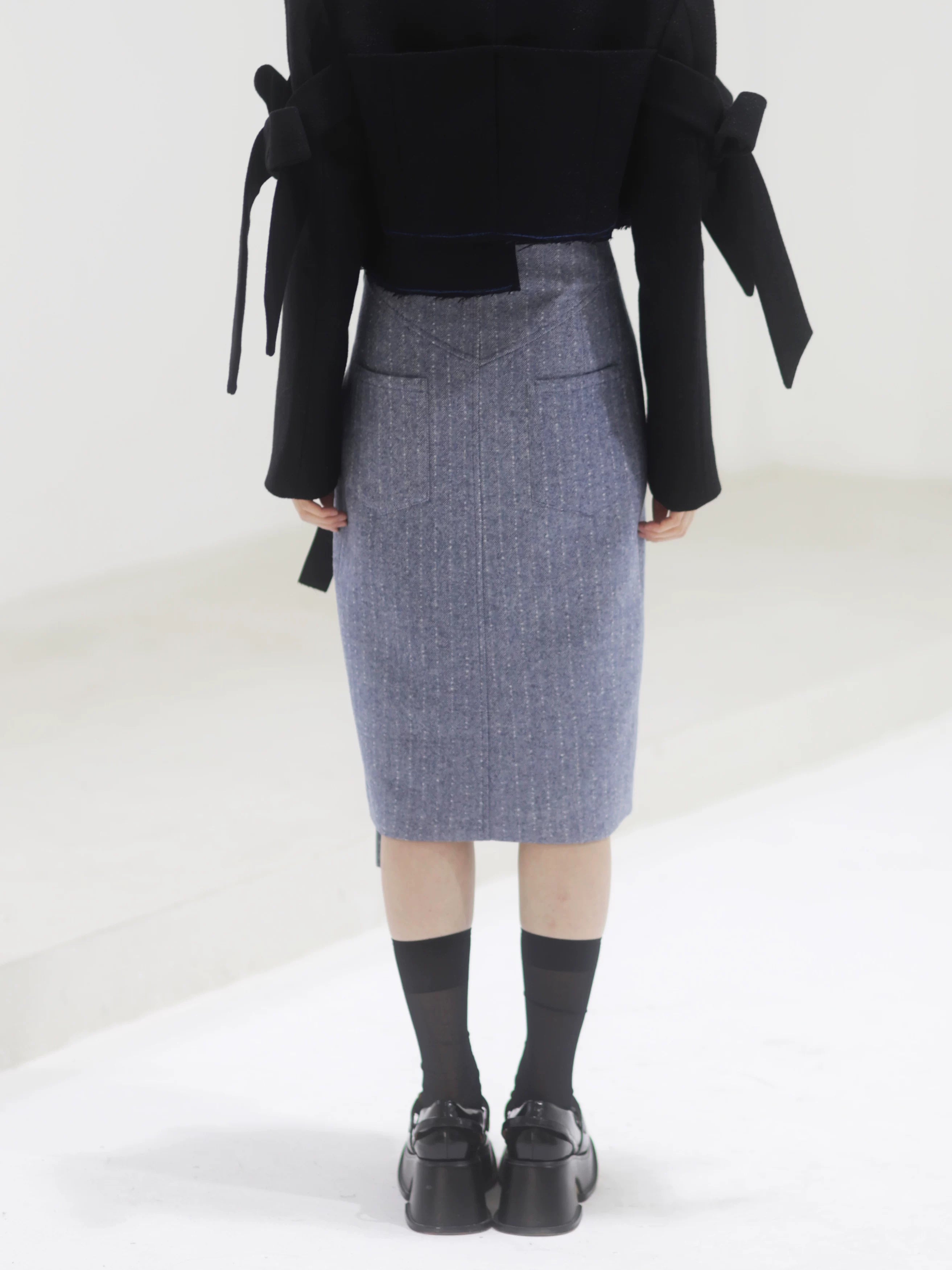 Steel Herringbone Pencil Midi Skirt