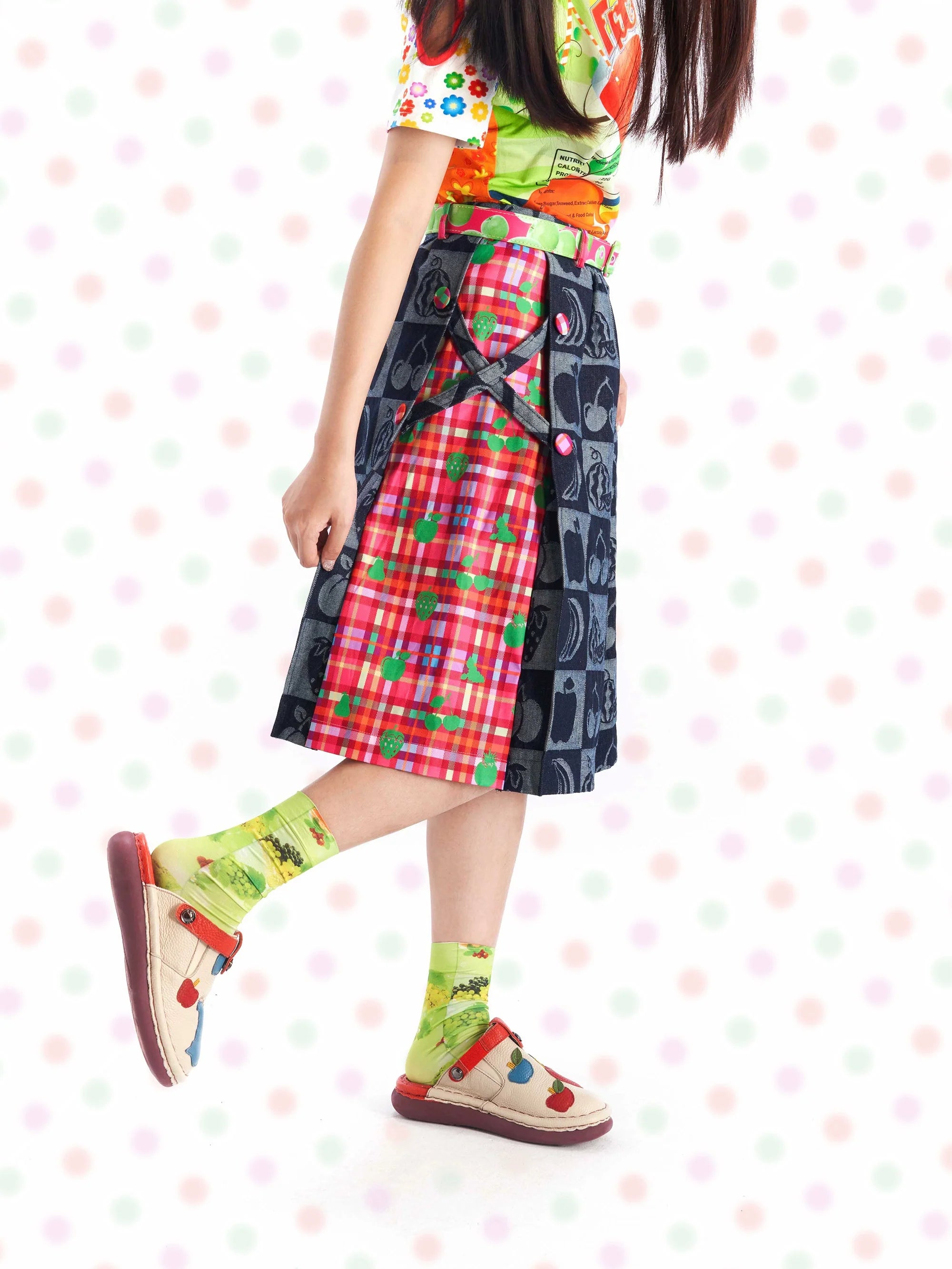 Checkered Fruit Print Midi Skirt