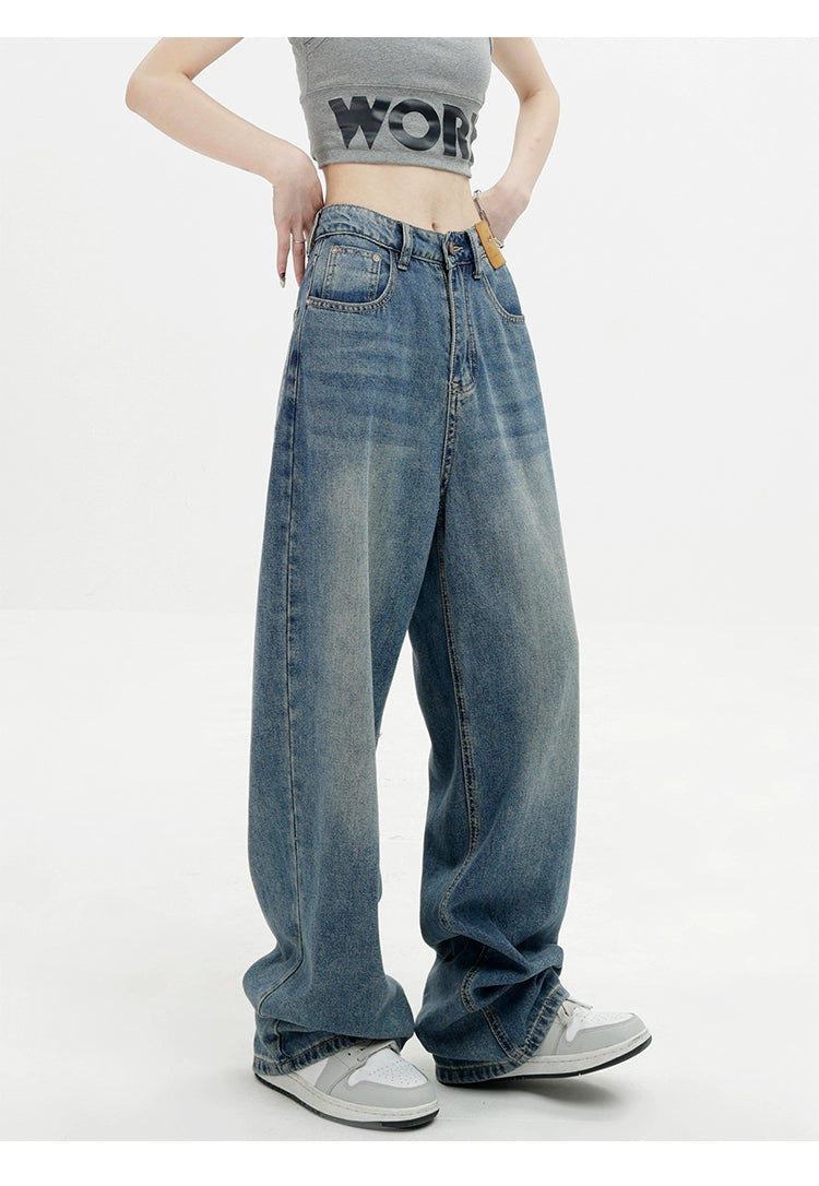 Blue Retro Loose Straight-Leg High-Waist Floor-Length Jeans - chiclara