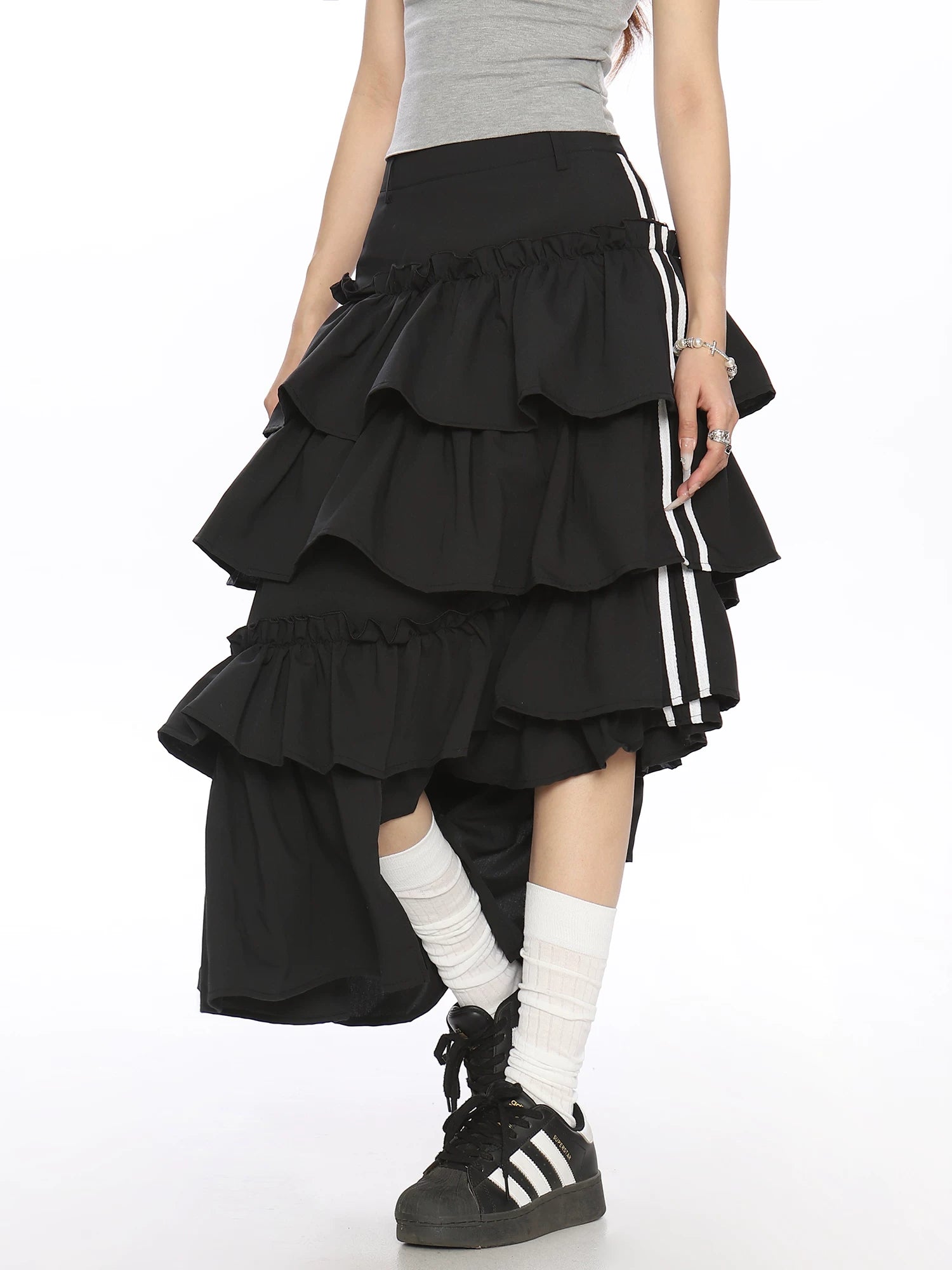 Asymmetric Tiered Ribbon Midi Skirt