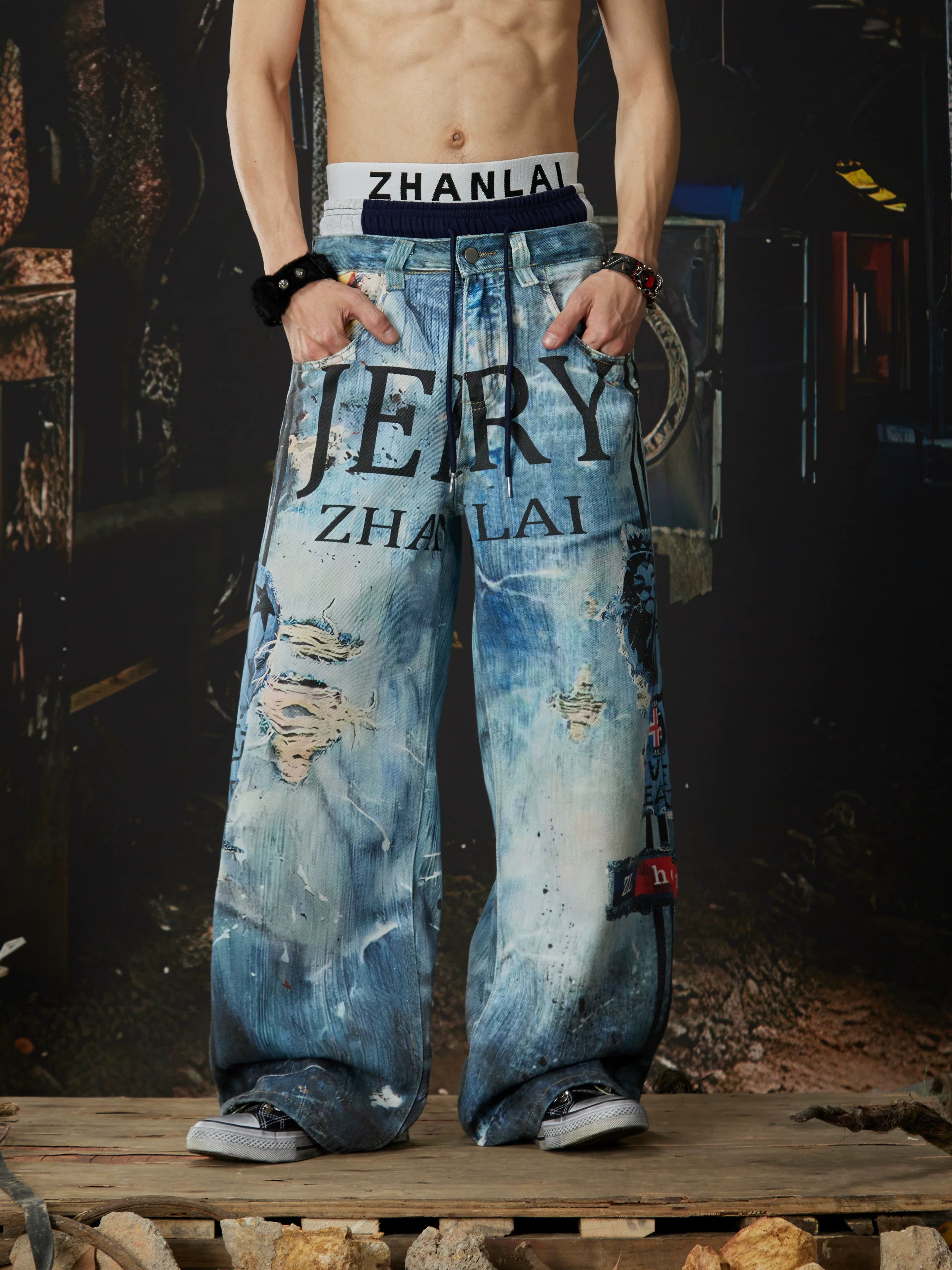 Distressed Ocean-Wash Jogger Jeans
