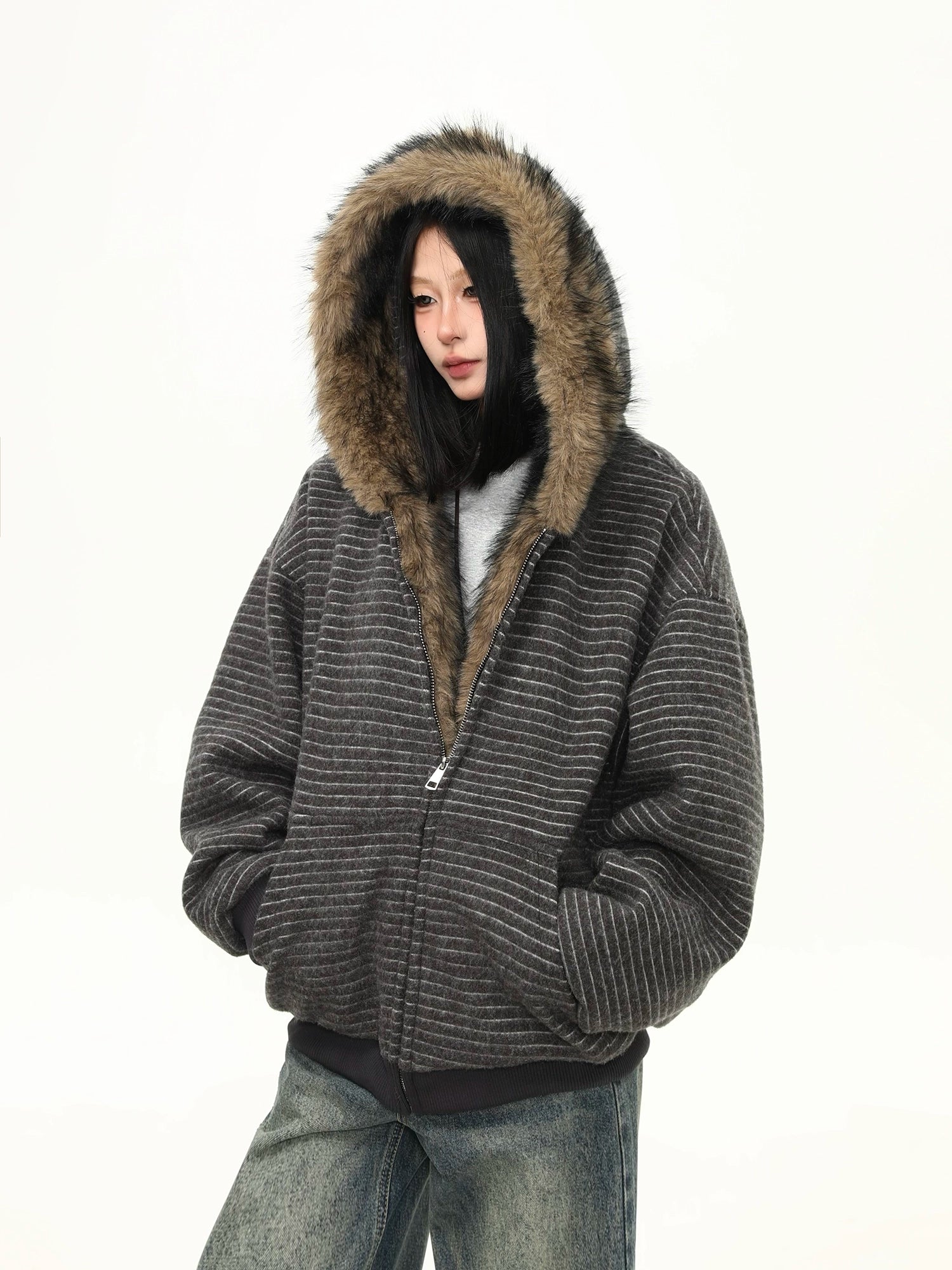 Frost Ridge Striped Faux Fur Hoodie Jacket