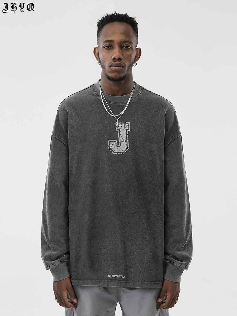 Letter J Series Washed Long Sleeve T-Shirt - chiclara