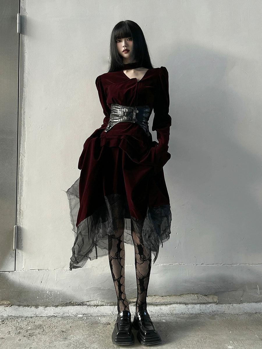 Ladyghost Gothic Victorian Maxi Dress - Women'S Burgundy Velvet And Black Mesh Layered Gown With Corset Belt