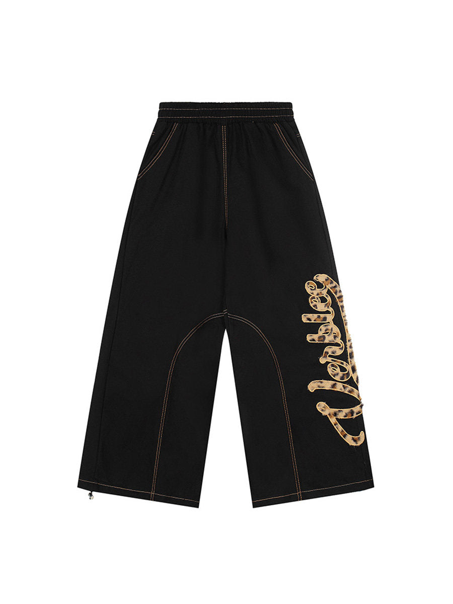 Men's Embroidery Leopard Fuzzy Curved Wide-Leg Jeans