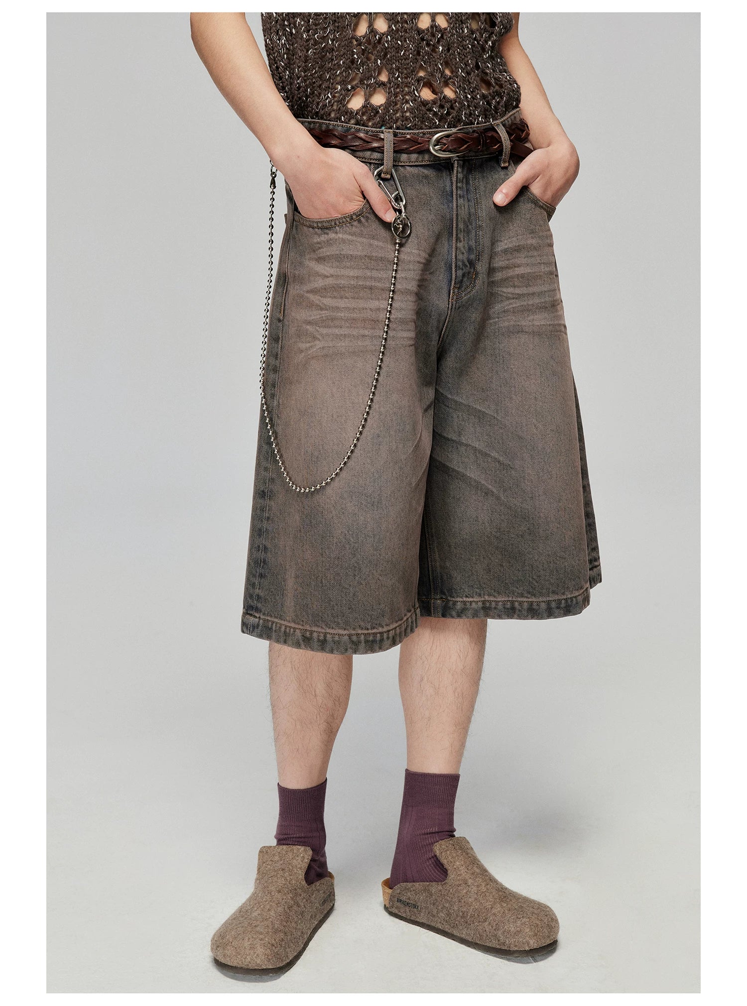 Washed Wide-Leg Denim Bermuda Shorts