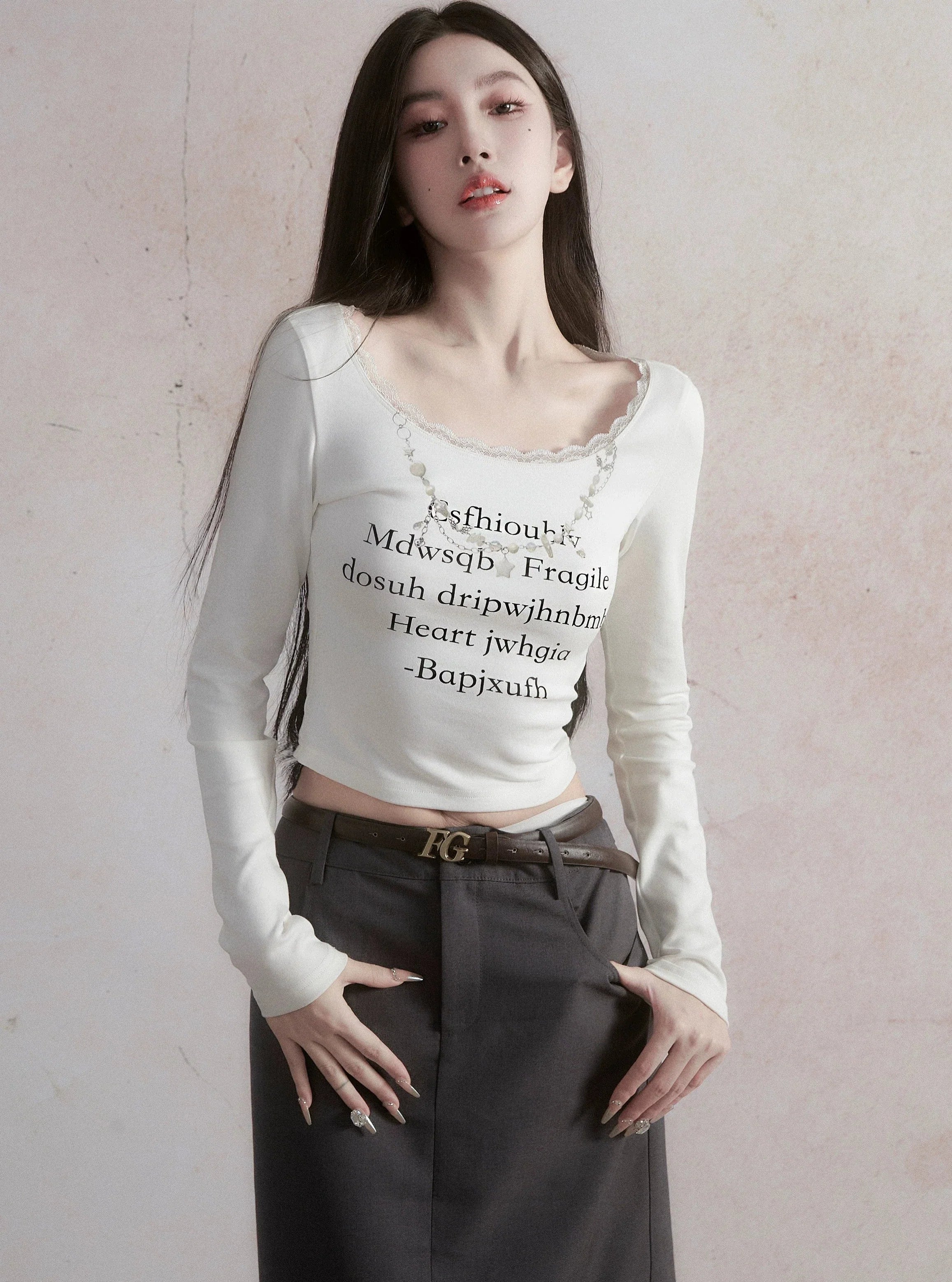 Poetic Script Long Sleeve Fitted Crop Top