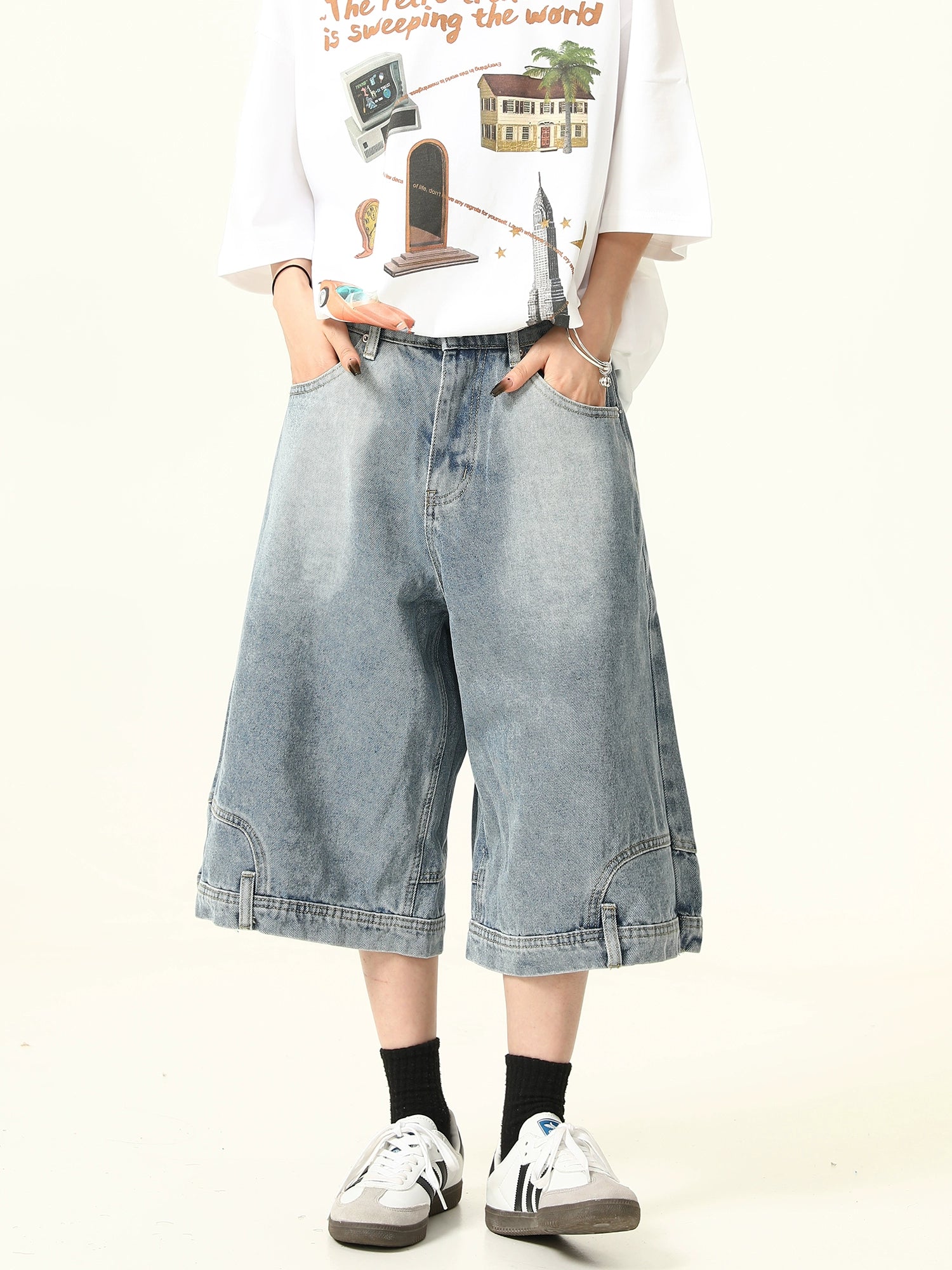 Wide-Leg Denim Culotte Shorts