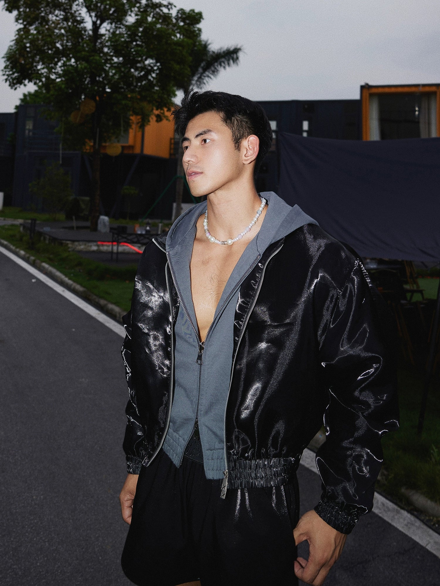 Black Glossy Zip Up Jacket and Short Setup