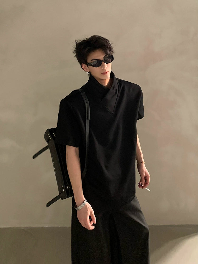 Minimalist Short Sleeve Shirt with Overlapping High Collar