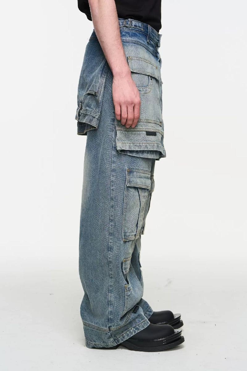 Layered Utility Washed Jeans - chiclara