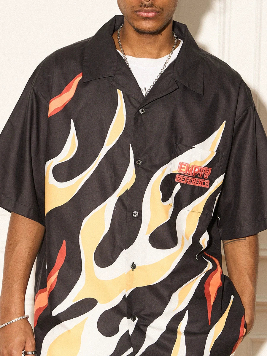 Fiery Abstract Flame Printed Short Sleeve Shirt - chiclara