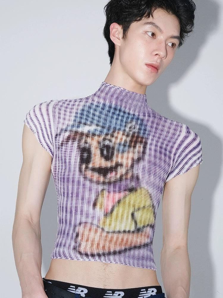 Cartoon Dog Print Ribbed Crop Top