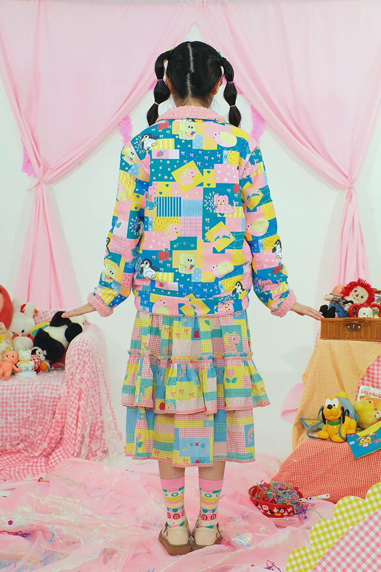 Cartoon Patchwork Sherpa Lined Zip Jacket