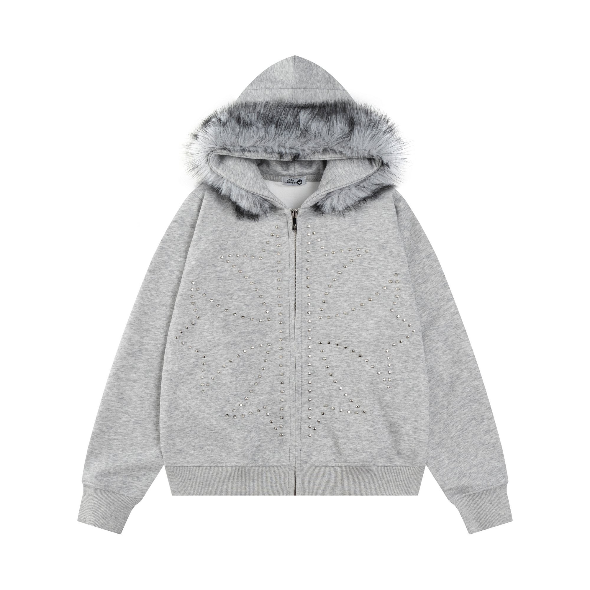 Men's Faux-Fur Collar Studded Zip-Up Hoodie