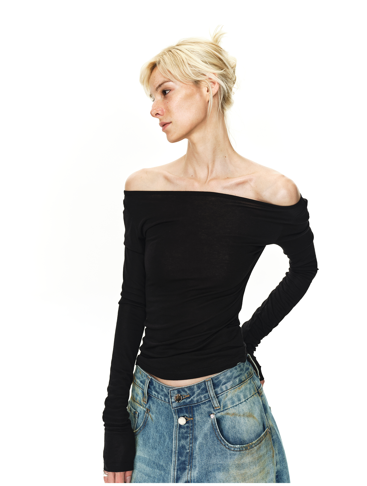 Off-Shoulder Backless Long Sleeve Base Layer Top