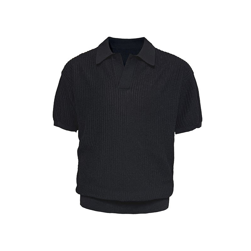 Textured Knit Open-Collar Polo Shirt