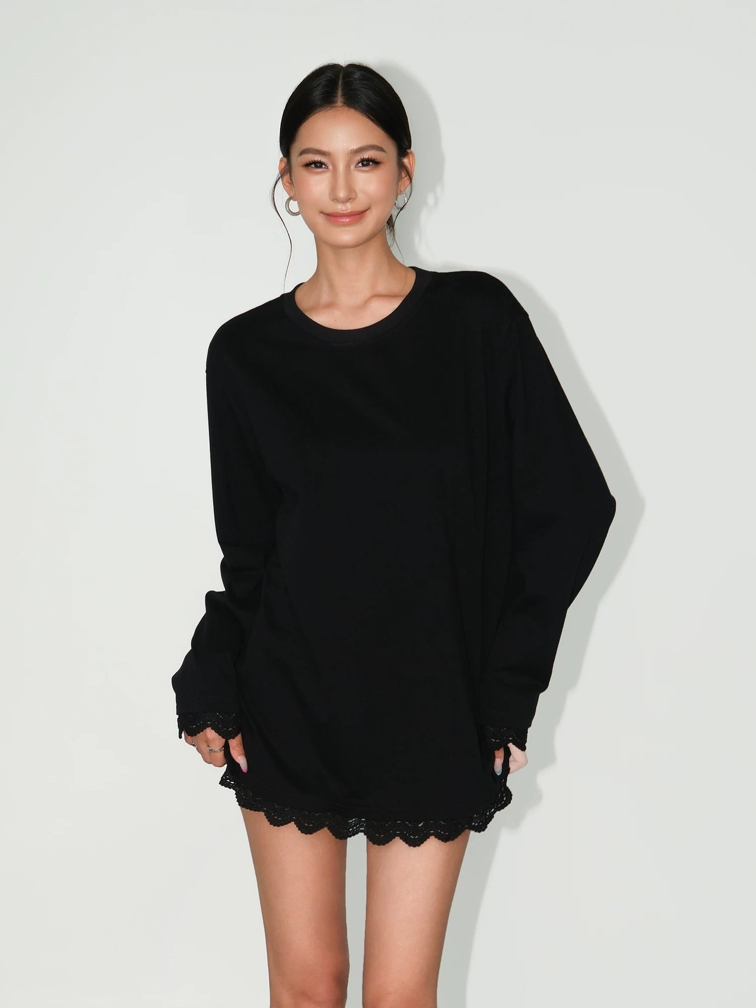 Soft Edge Lace-Hem Long Tee Dress