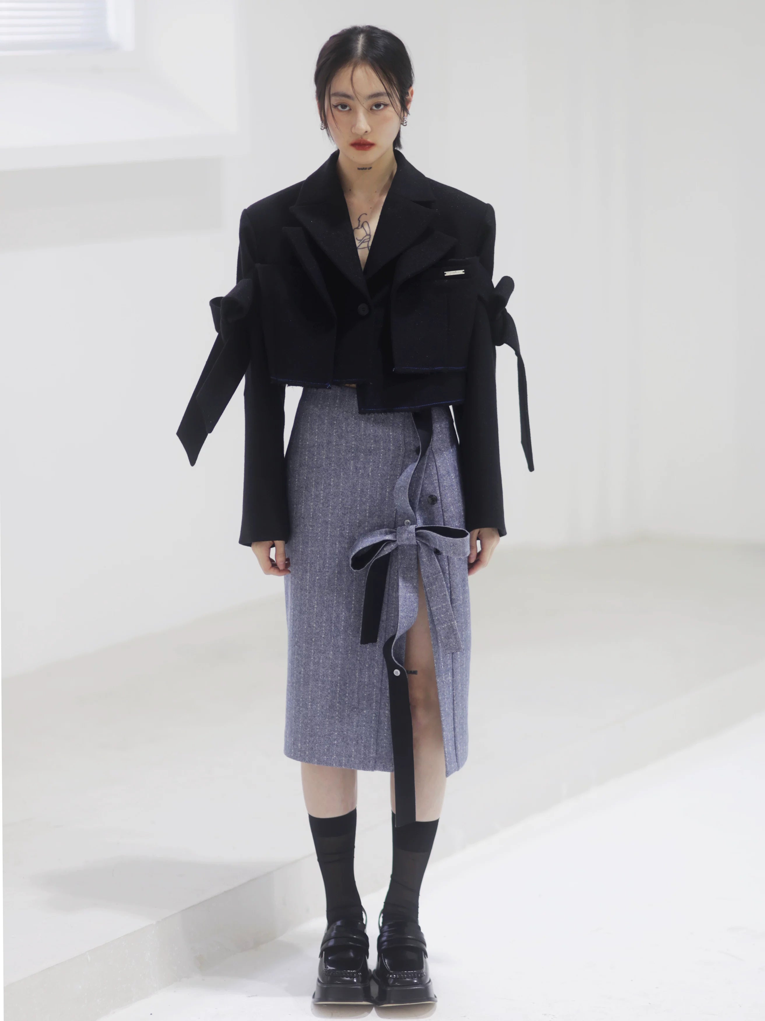 Steel Herringbone Pencil Midi Skirt