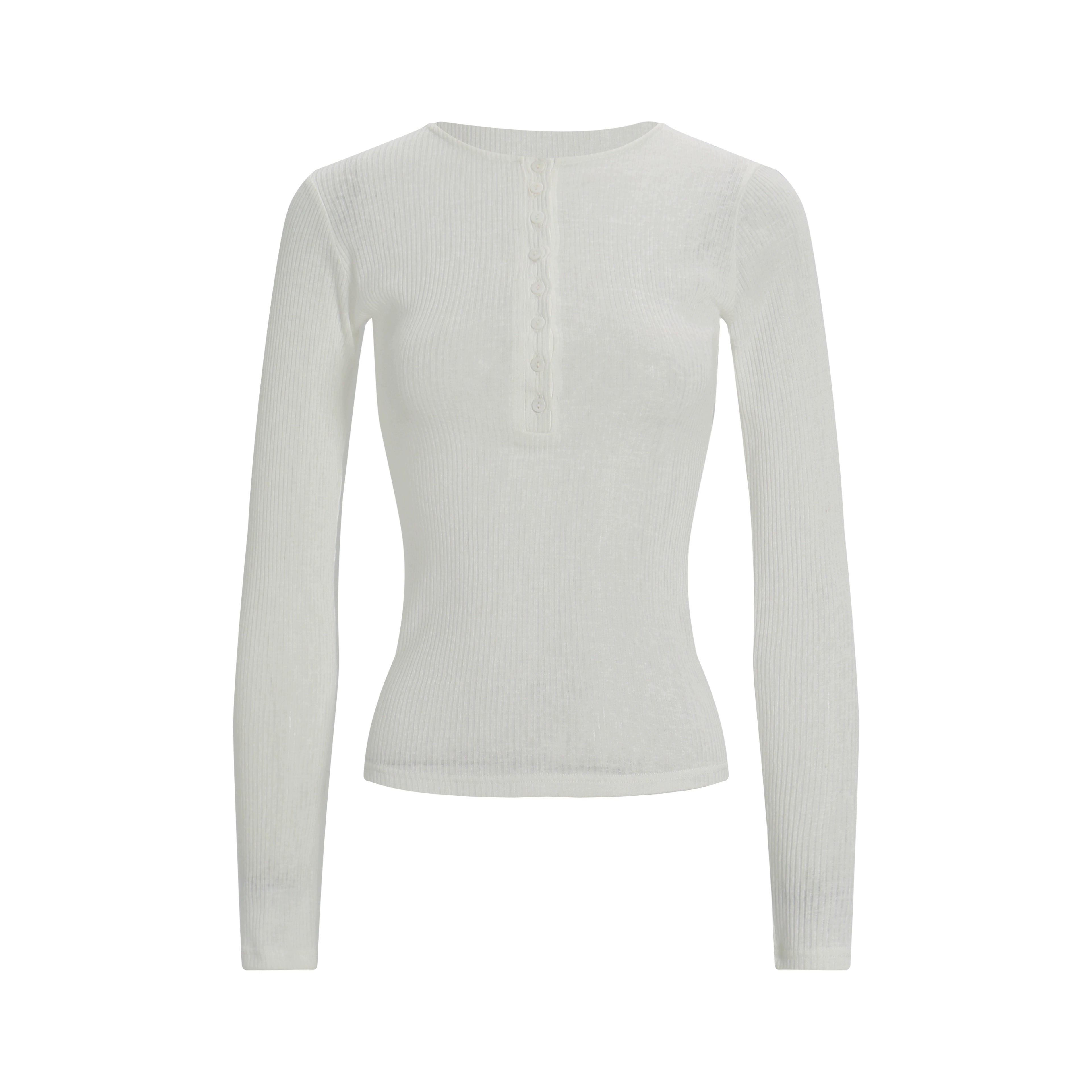 Slim-Fit Button-Up Ribbed Long Sleeve Top