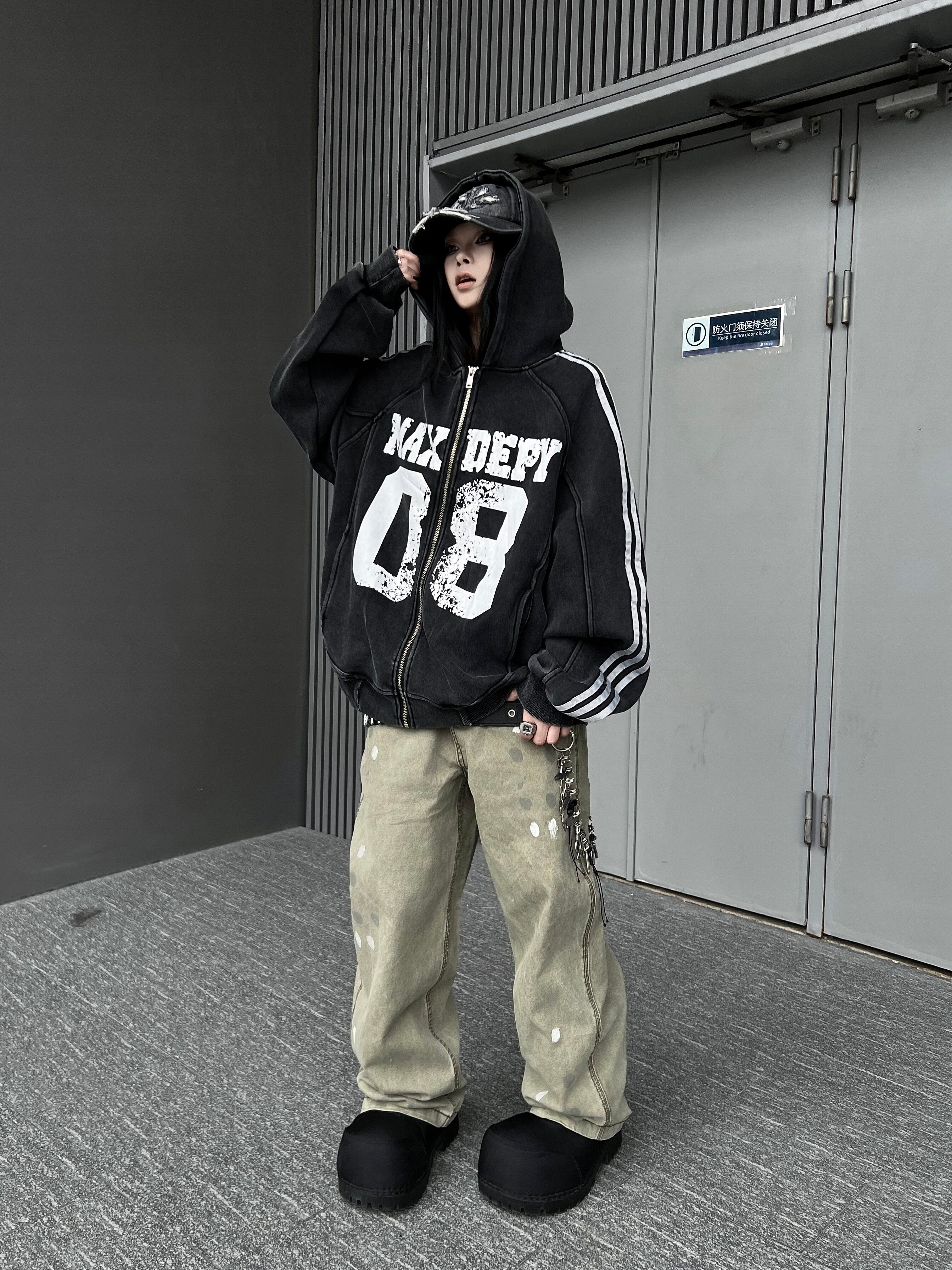 Men's Washed Distressed Letter Oversized Zip-Up Hoodie
