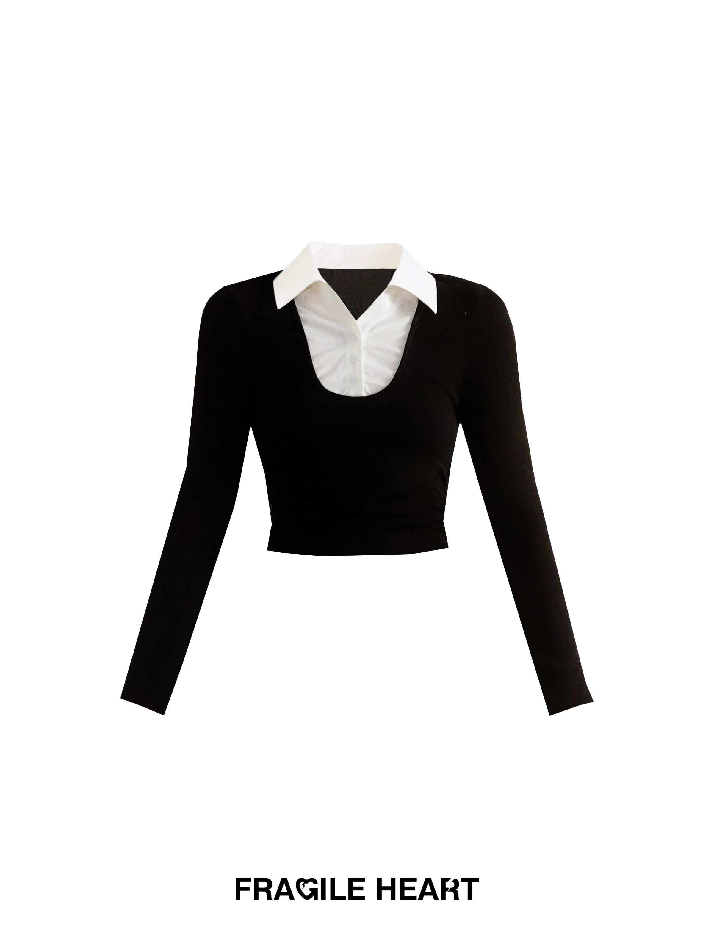 Collared Contrast Long Sleeve Crop Top