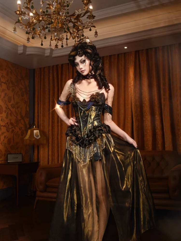 Victorian Steampunk Corset Dress - Gold Satin Gothic Ball Gown