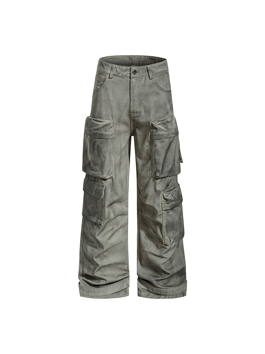 Men's Washed Multi-Pocket Wide-Leg Cargo Pants