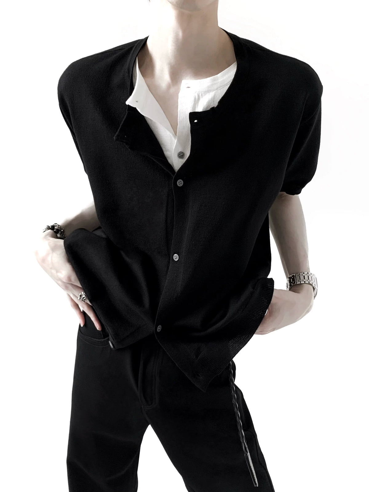 Layered Knit Button Cardigan Tee