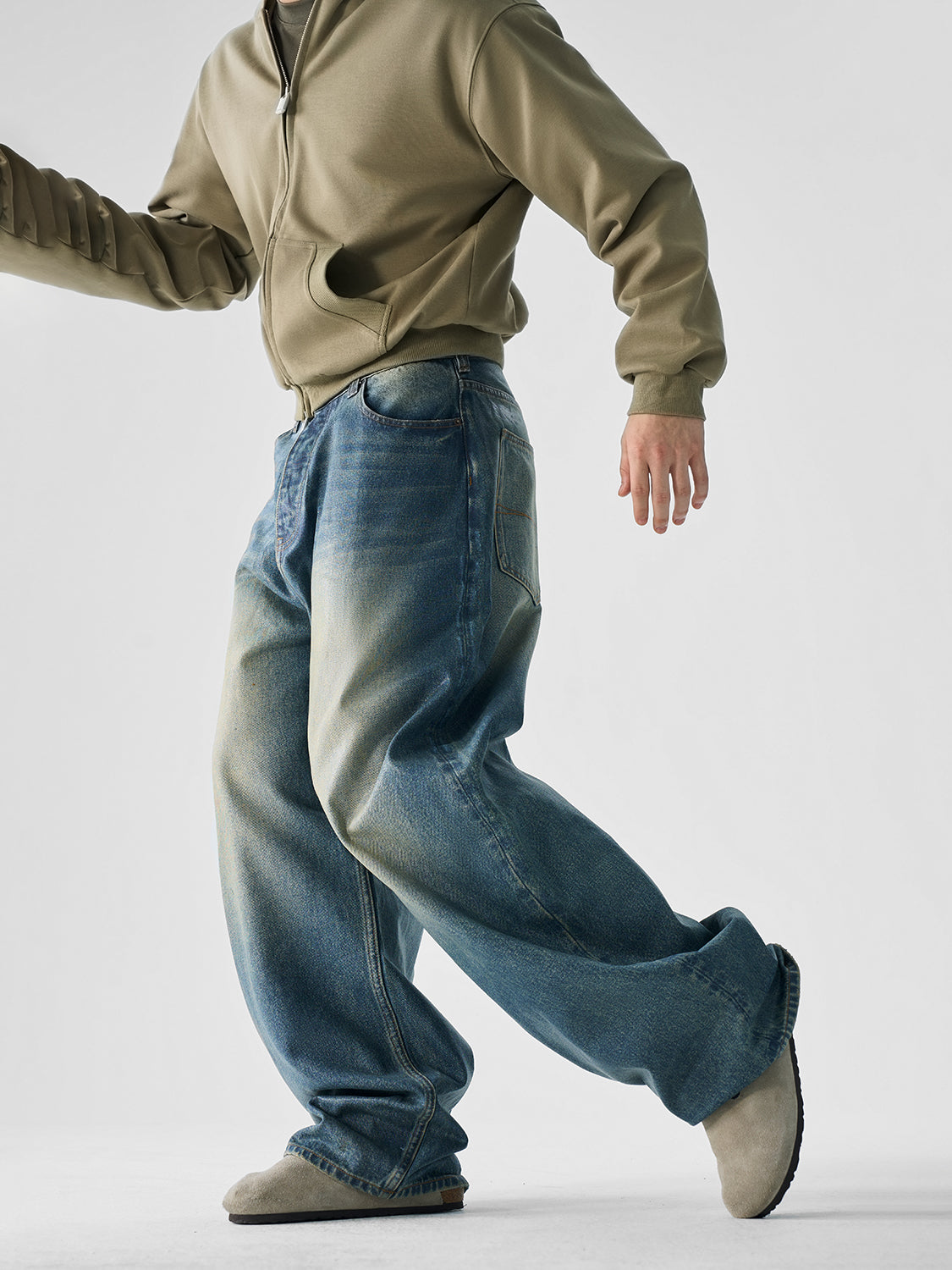 Vintage Waxed Finish Wide-Leg Jeans